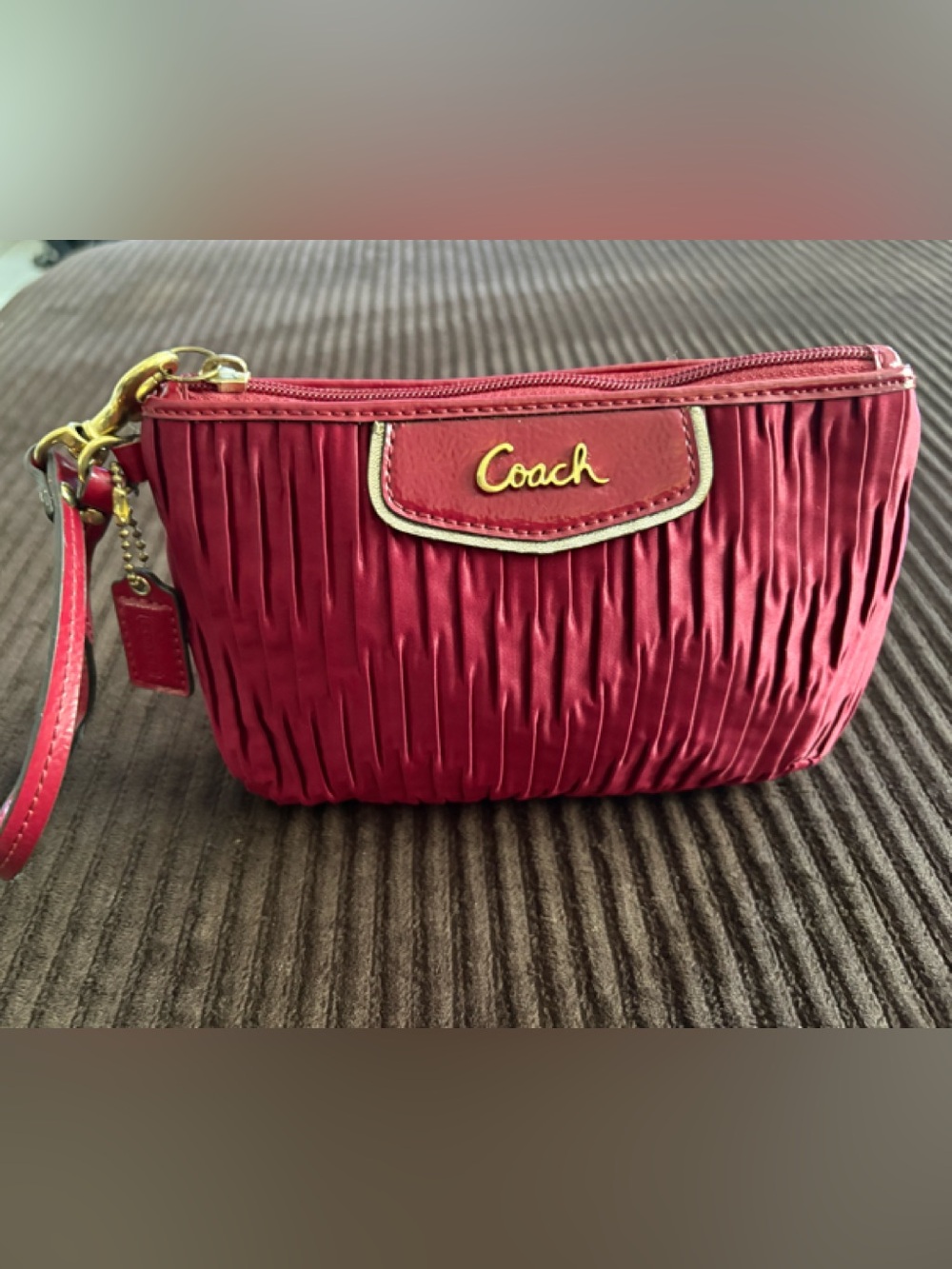 Coach Red Pleated Wristlet with Gold Accent